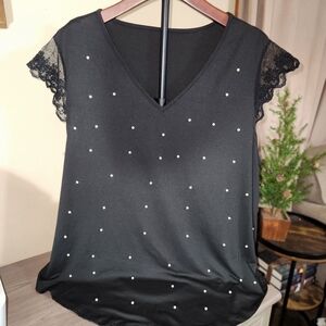 SHEIN Black Blouse with Lace Sleeves and Pearl Accents